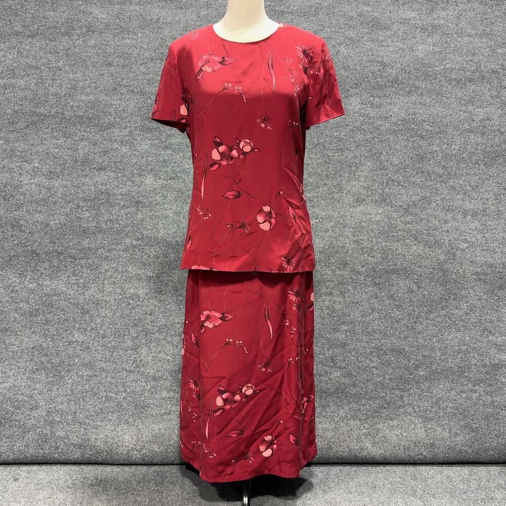 Patrick 2 Piece Skirt Set Womens 10P Red Silk Floral Short Sleeve Top Maxi